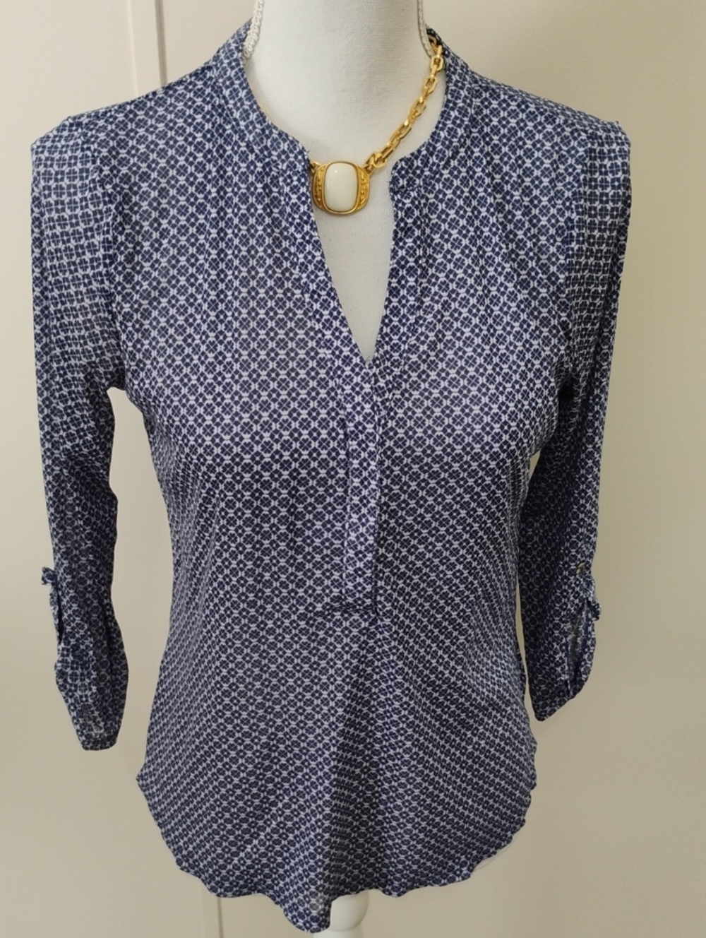 The Limited Navy and White Geometric Split-Neck Blouse